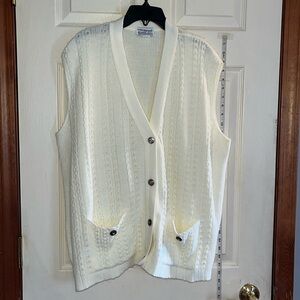 VTG-Nan Dorsey-cream-size 44(XL)-sleeveless, knit button-down cardigan made USA.